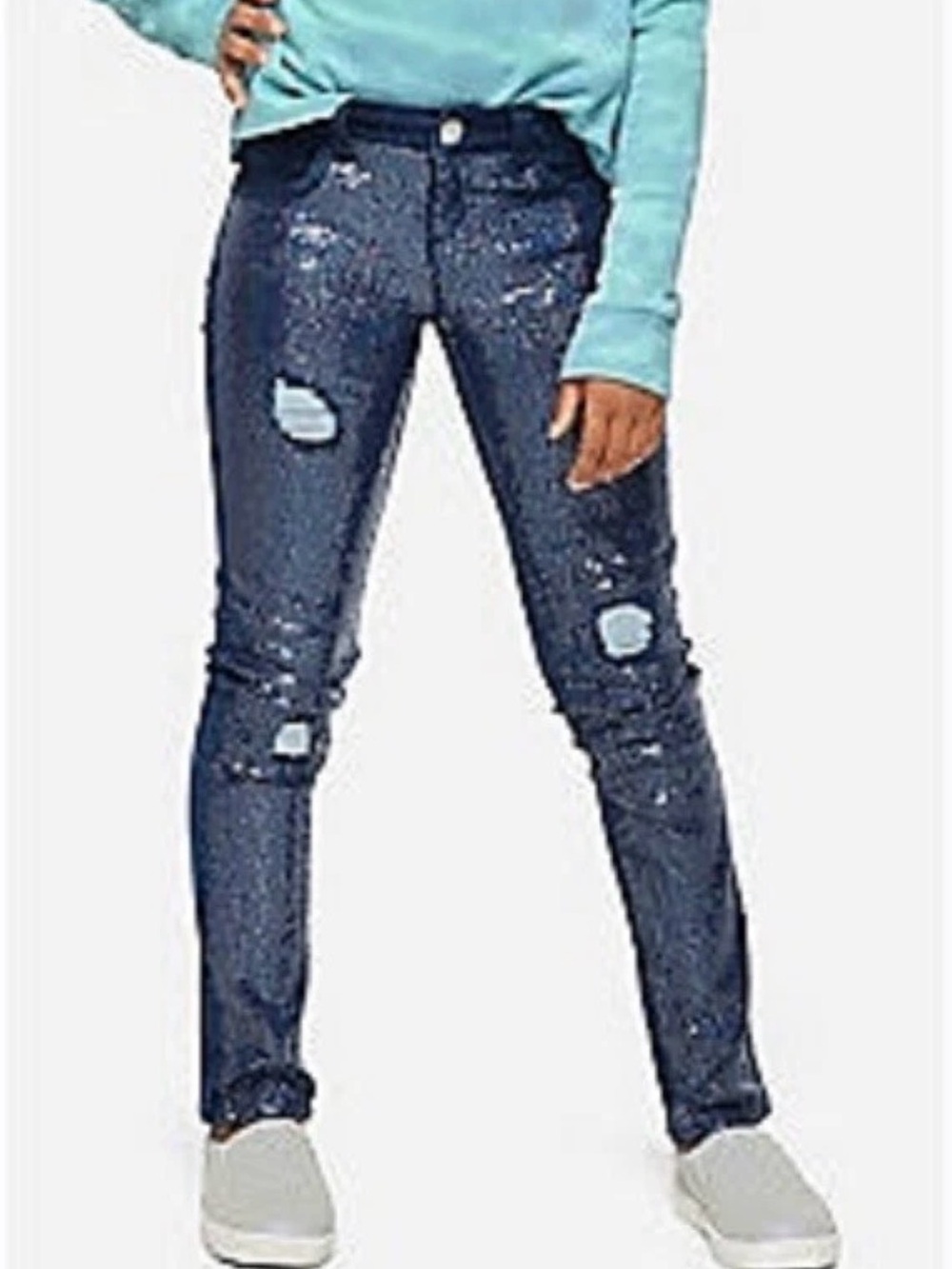 Justice Girls Sequins Distressed Skinny Jeans in Dark Blue size 18